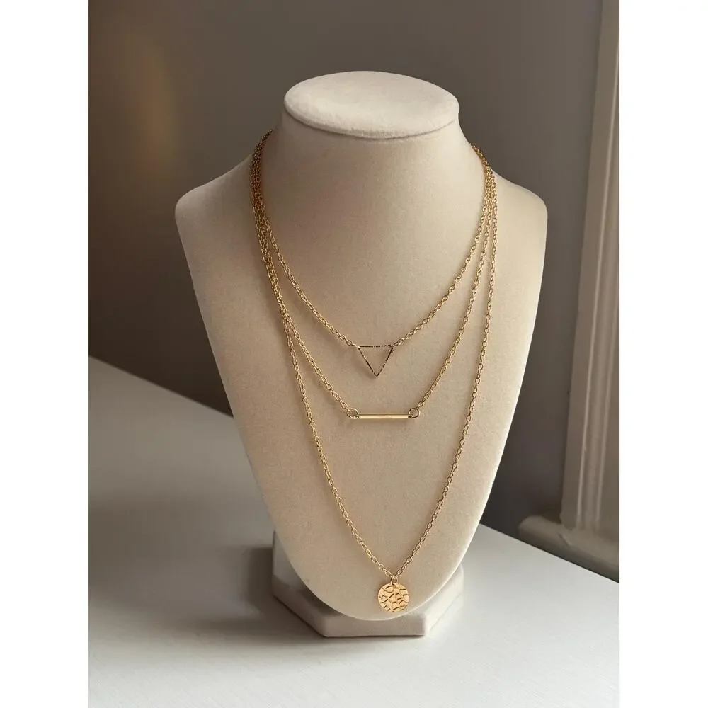 Gold Layered Necklace Minimal Geometric Bar Coin Pendant Dainty - Picture 2 of 7